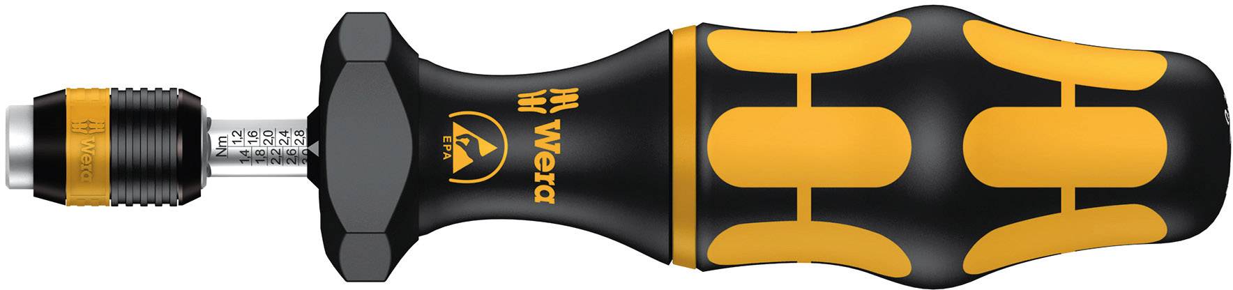 Tournevis avec poignée ergonomique noir et jaune et lame métallique sur laquelle sont gravés 'Wera' et des détails.