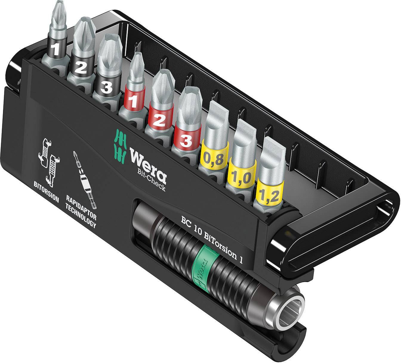Un ensemble de 10 embouts Wera, numérotés et rangés dans un support noir. Comprend des embouts avec technologie de torsion pour une meilleure adhérence.