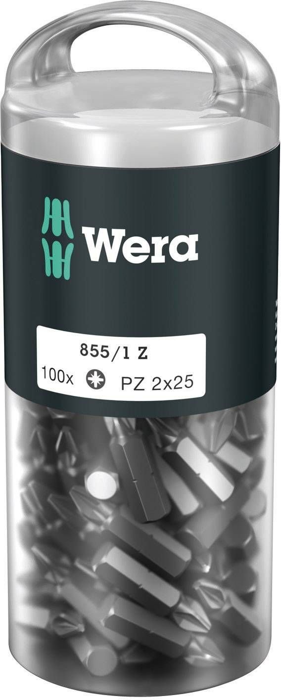 Boîte en plastique transparent contenant 100 embouts de tournevis noirs de la marque Wera, type PZ 2x25.