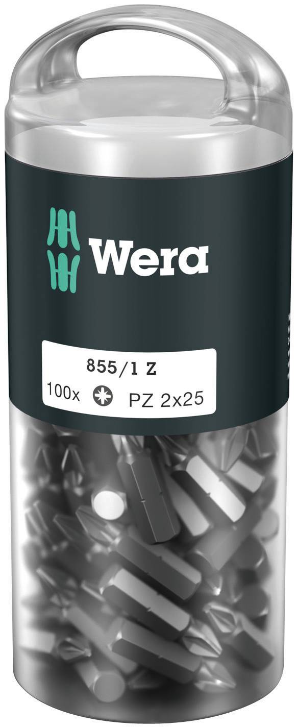 Boîte en plastique transparent contenant 100 embouts Wera PZ 2x25.