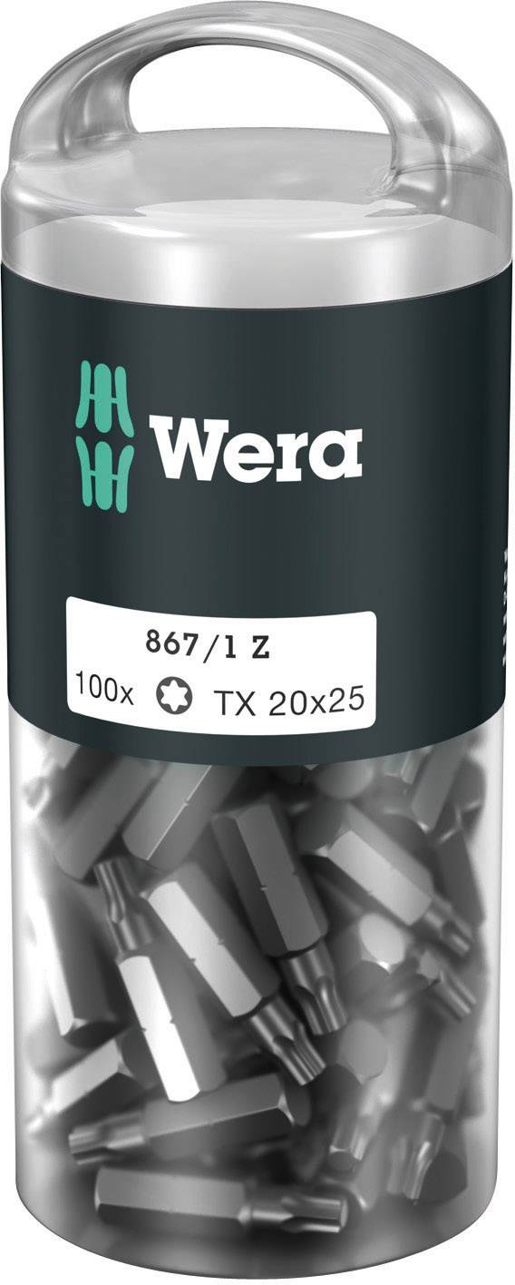 Emballage cylindrique de Wera contenant 100 embouts de vissage TX 20x25. Le couvercle transparent permet de voir les embouts argentés à l'intérieur.