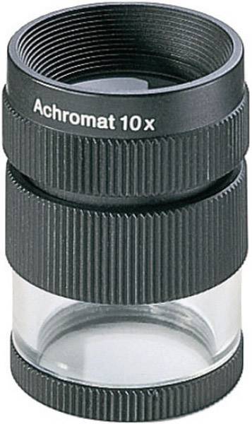 Objectif de loupe achromate noir à grossissement 10x avec poignée striée pour une meilleure prise en main et une partie inférieure transparente.