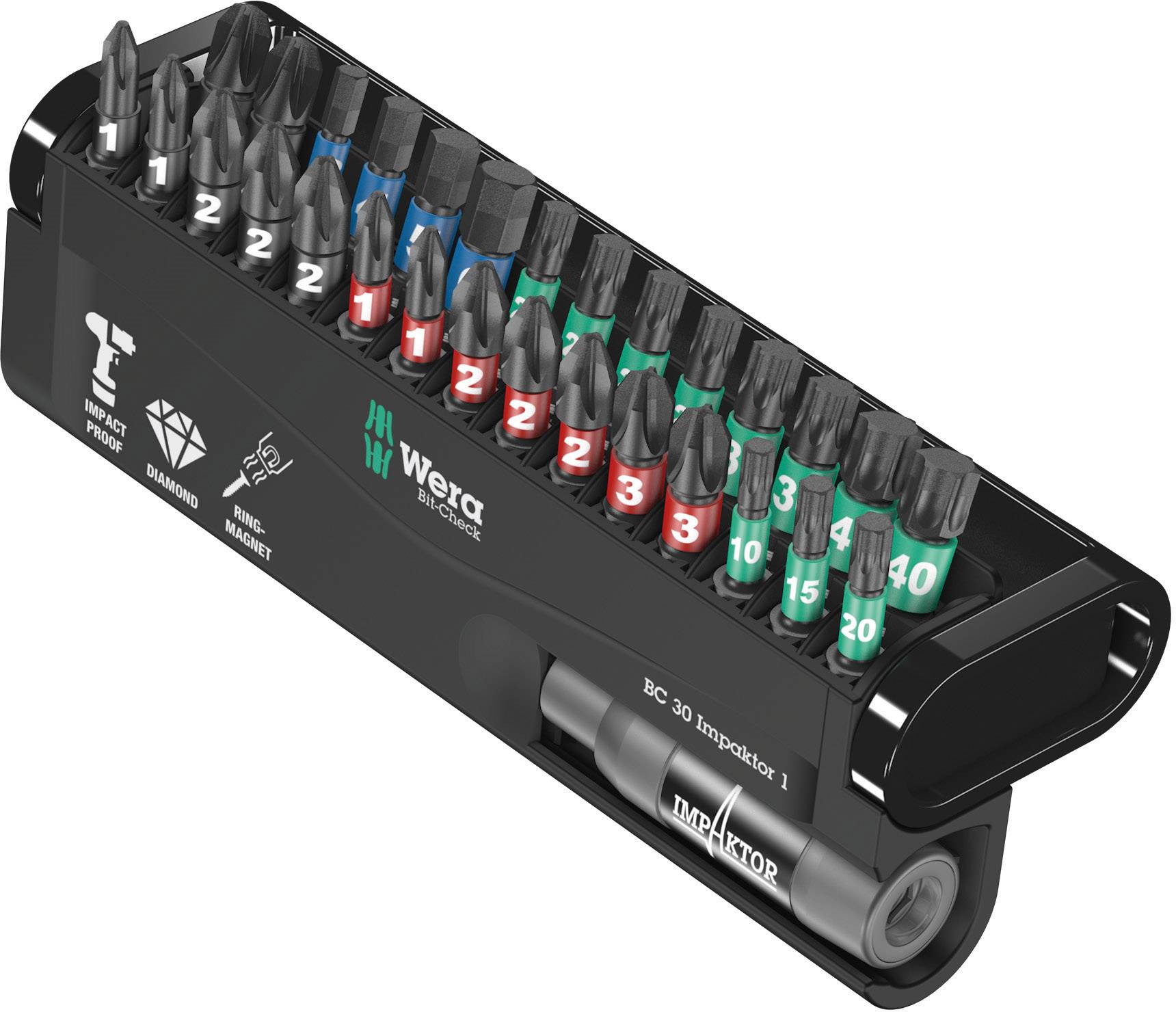Ensemble 'Wera Bit-Check 30' avec différentes tailles d'embouts et codifications par couleurs, compact dans un support noir.