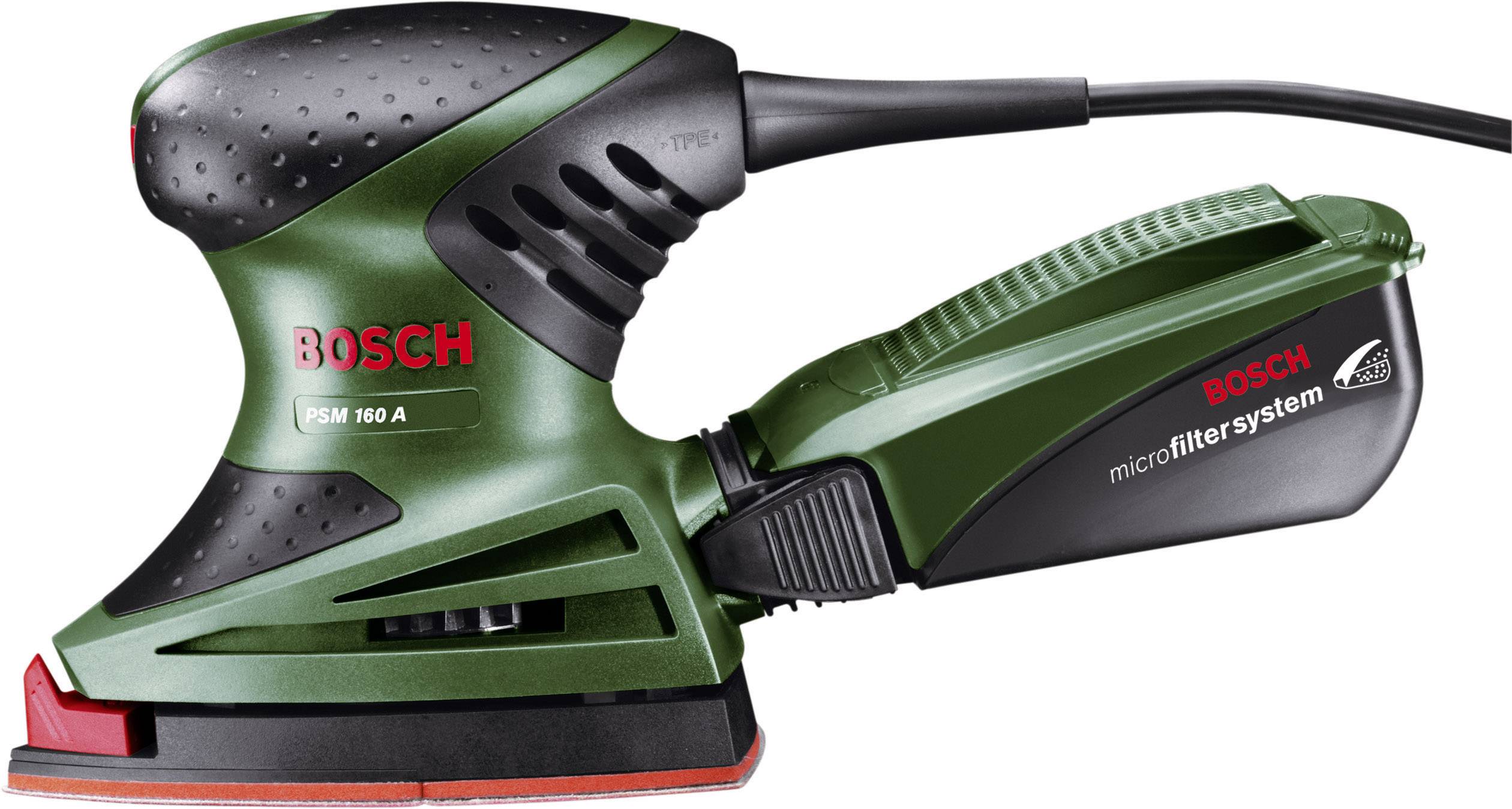 Ponceuse vibrante Bosch PSM 160 A avec poignée ergonomique, tête de ponçage rouge et système de microfiltre intégré. Idéale pour un ponçage précis.