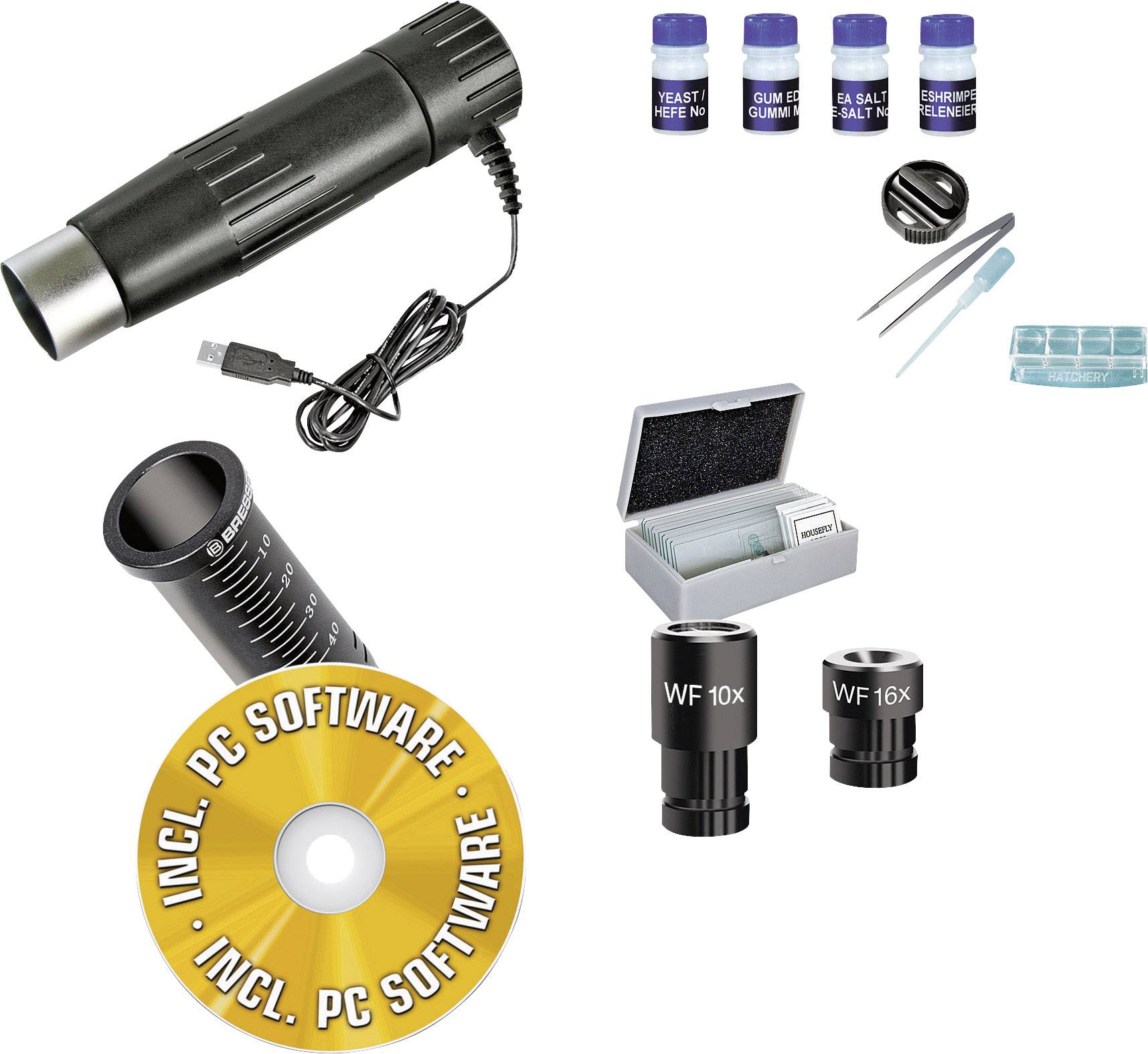 Microscope numérique USB avec logiciel, pipettes, lames de microscope, objectifs de zoom (10x, 16x) et boîtes de rangement pour échantillons.