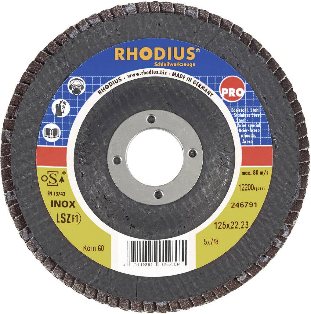 Une meule Rhodius, Inox LSZ F1, adaptée pour l'usinage de l'inox, dimensions : 125x22,23 mm, vitesse maximale : 80 m/s.