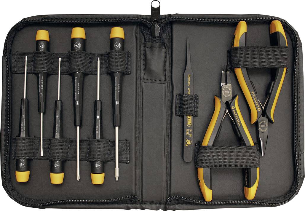 Un ensemble d'outils comprenant sept tournevis, une pince à épiler et une pince, tous avec des poignées noires et des accents jaunes, rangés dans un sac.