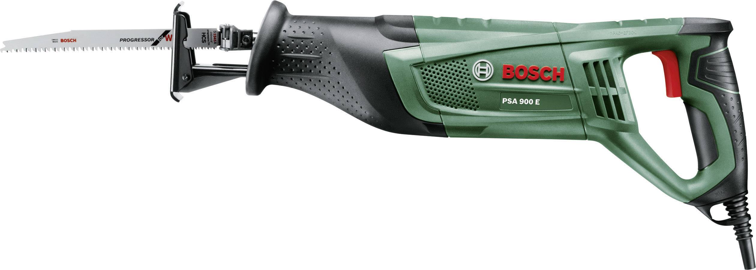 Scie sabre Bosch PSA 900 E verte avec poignée noire et accents rouges, adaptée aux travaux sur bois et métaux.