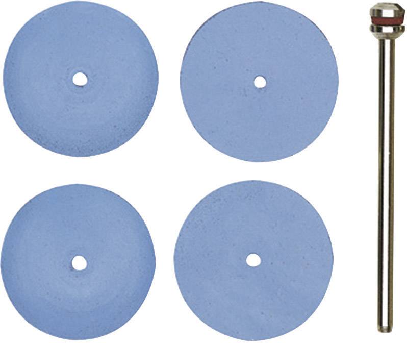 Quatre disques de meulage bleus avec un trou central et une tige métallique à droite.