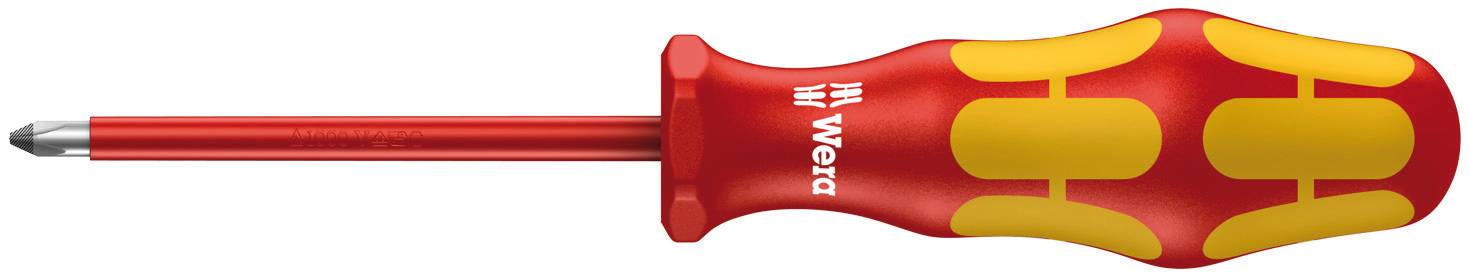 Un tournevis rouge avec une poignée jaune et un design ergonomique. La poignée affiche la marque 'Wera'. Idéal pour des applications polyvalentes.