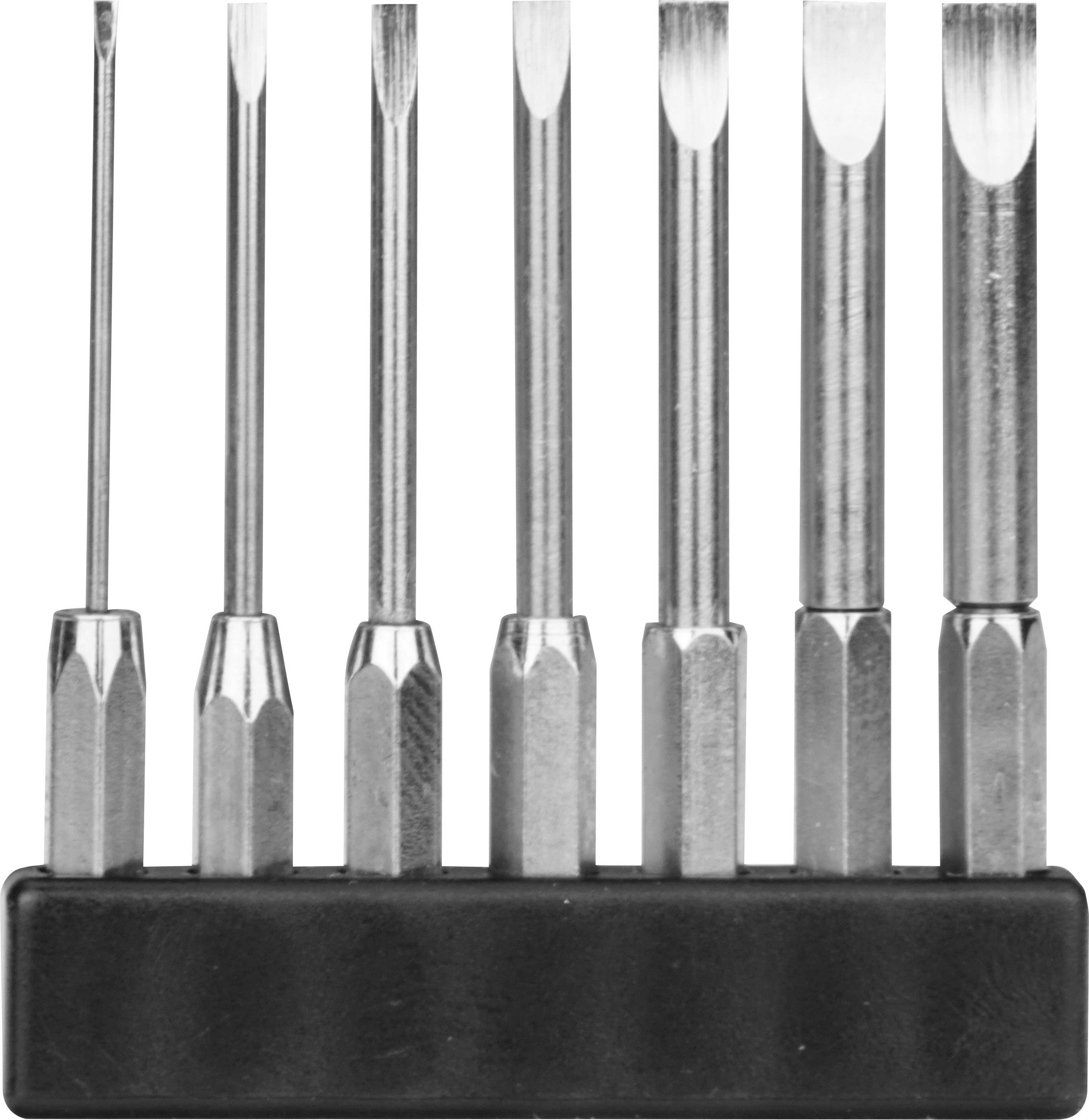 Un ensemble de six tournevis de différentes tailles, soigneusement rangés dans un support noir.