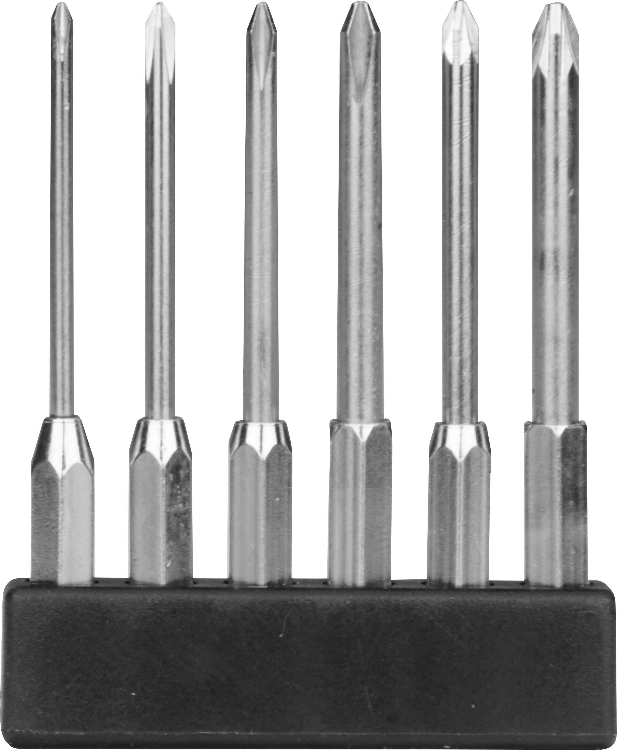 Six embouts de tournevis différents rangés côte à côte dans un support noir, adaptés à divers types de vis.