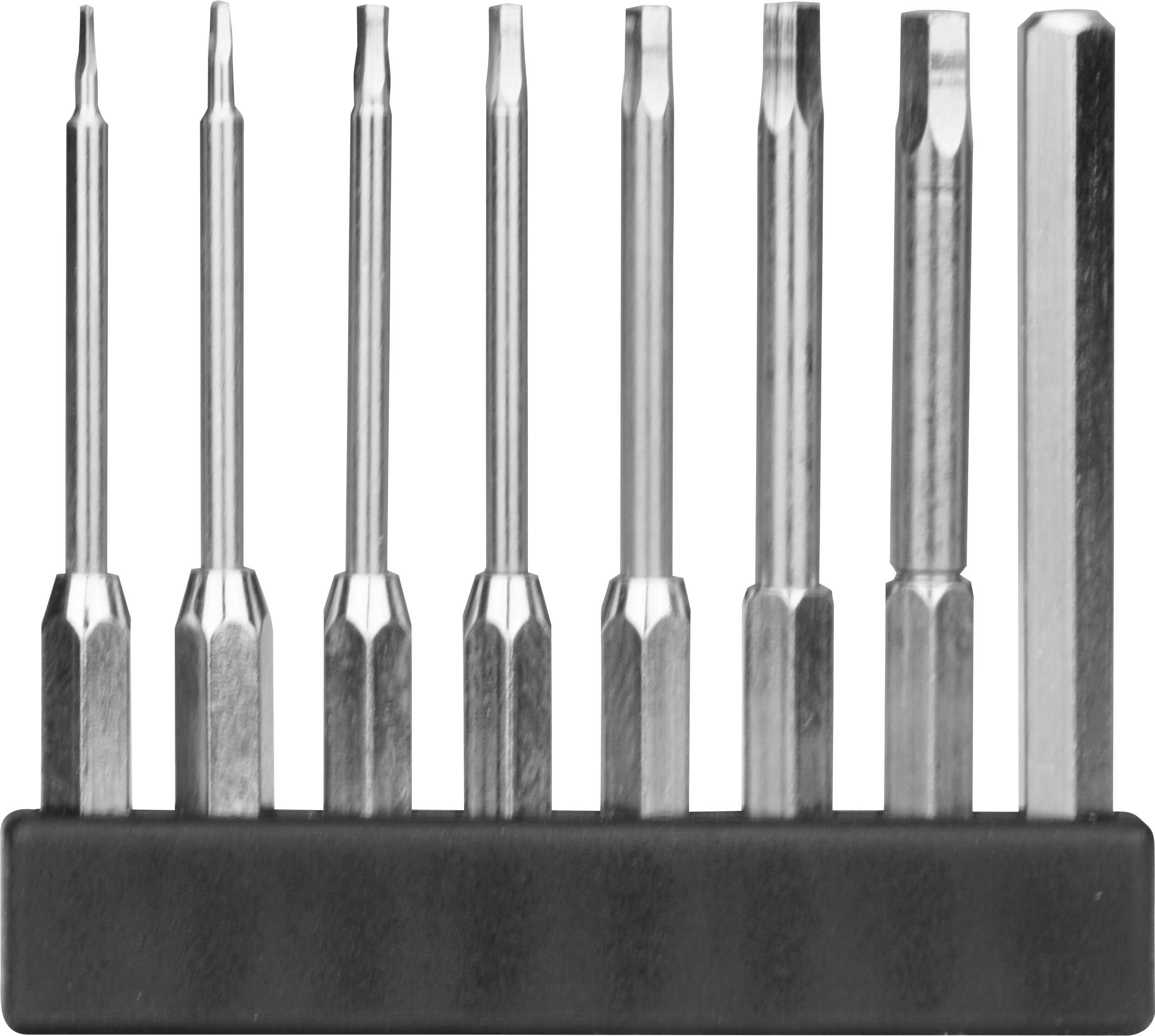 Lot de huit embouts hexagonaux de différentes tailles, rangés du plus petit au plus grand dans un support noir.