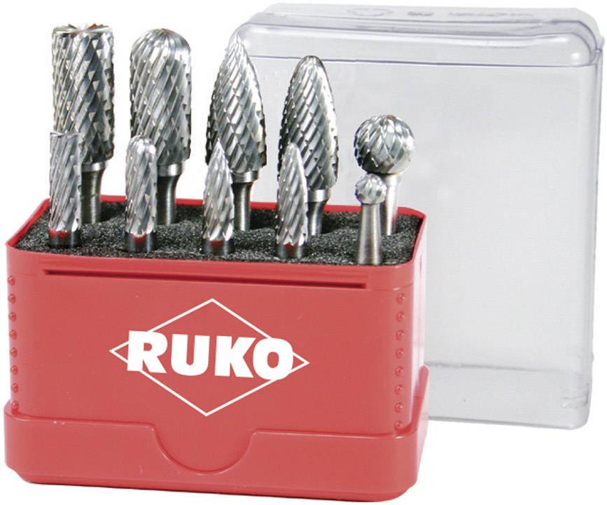 Un ensemble de huit fraises rotatives RUKO dans un coffret rouge à couvercle transparent. Les fraises présentent différentes formes et tailles.