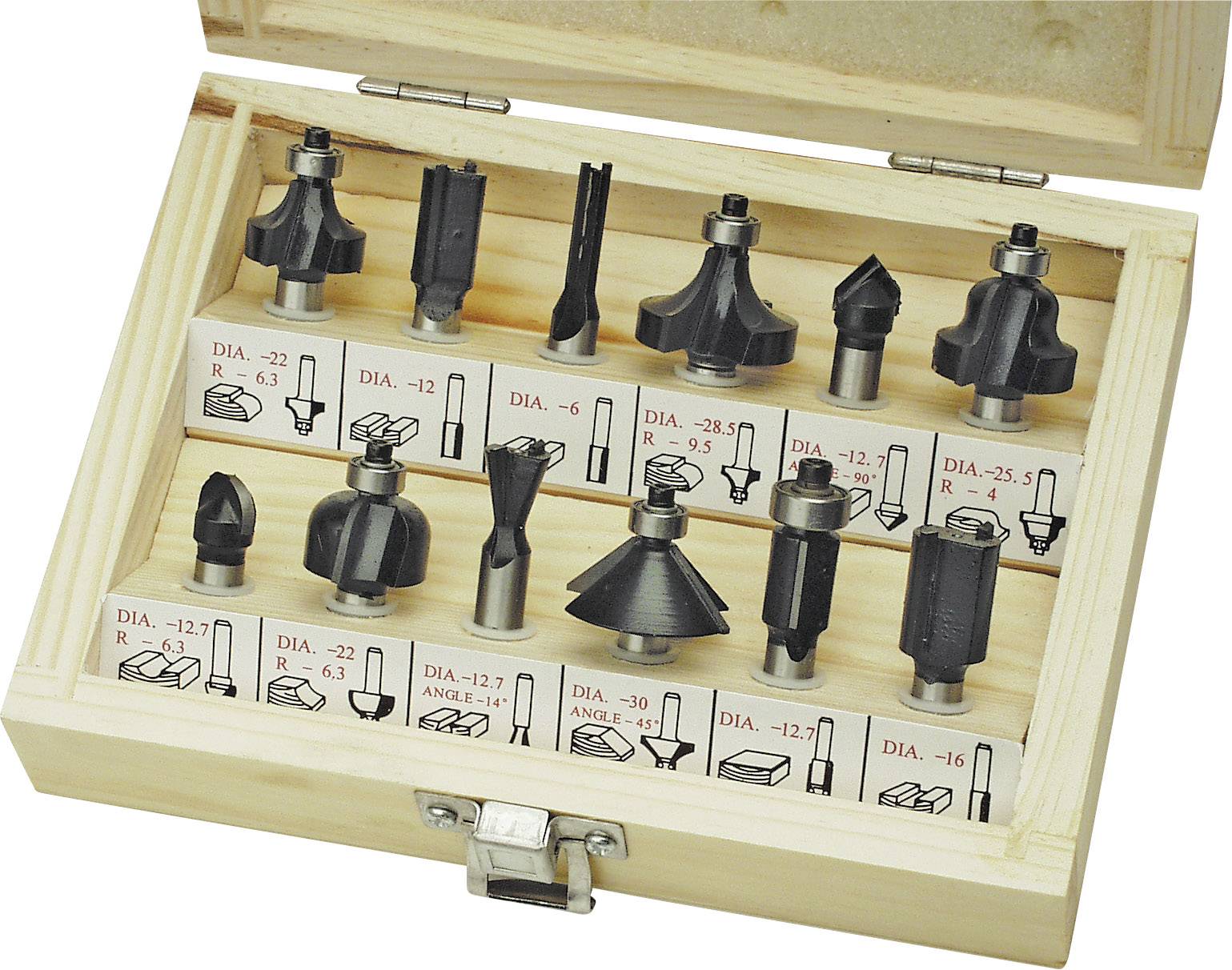 Boîte en bois avec couvercle ouvert, contenant douze fraises pour le travail du bois. En bas, des diagrammes présentant différents diamètres et angles.