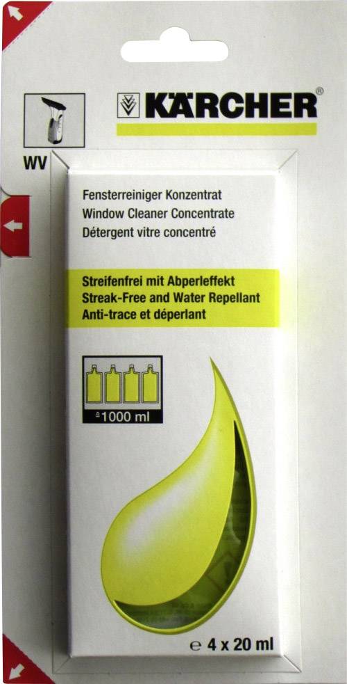 Emballage d'un nettoyant pour vitres de la marque Kärcher avec la description 'Sans traces avec effet déperlant'. Contient 4 x 20 ml flacons.