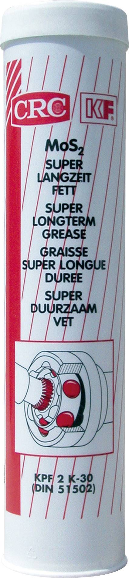Bombe de spray blanche avec logo rouge et texte 'MoS₂ Graisse Longue Durée Super'. Illustration de roulements à billes. Adapté pour la lubrification permanente.