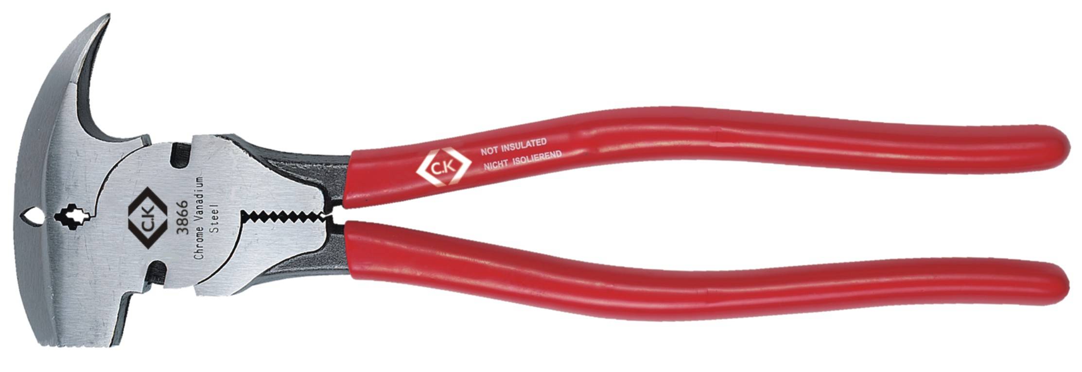Une pince multifonction rouge avec poignées isolées pour la sécurité lors de travaux sur des installations électriques.