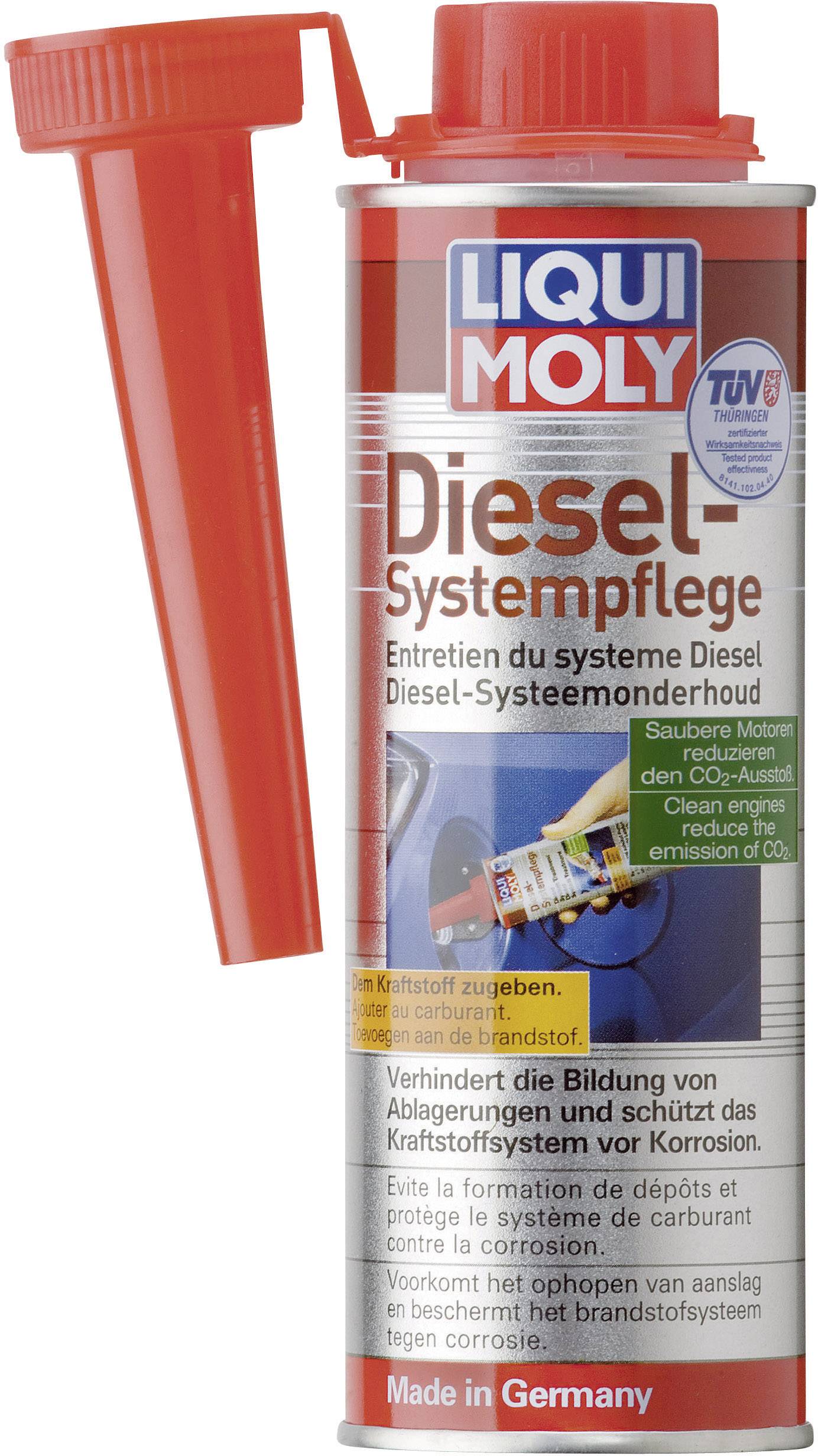 Récipient rouge en boîte avec l'inscription 'Entretien de système diesel'. Image d'un moteur, sceau TÜV et mention 'Made in Germany'.