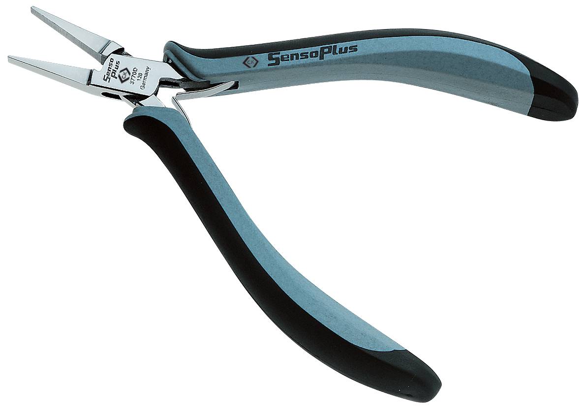 Une pince bleue avec des poignées légèrement incurvées, polies et des mâchoires pointues. Elle semble adaptée pour des travaux de précision.