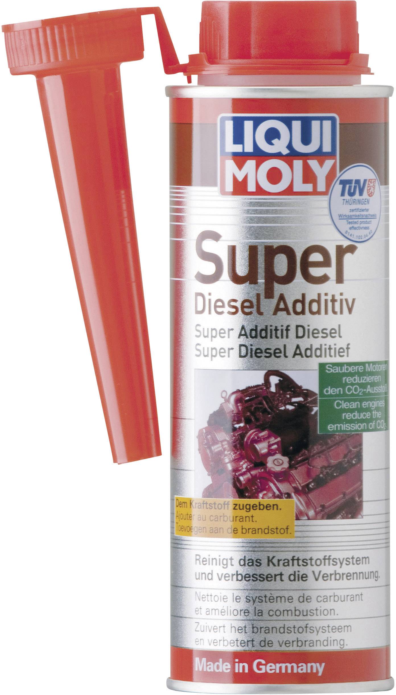 Une boîte de 'Liqui Moly Super Diesel Additif' avec un bouchon rouge et un doseur. Améliore le système de carburant et la combustion. Fabriqué en Allemagne.