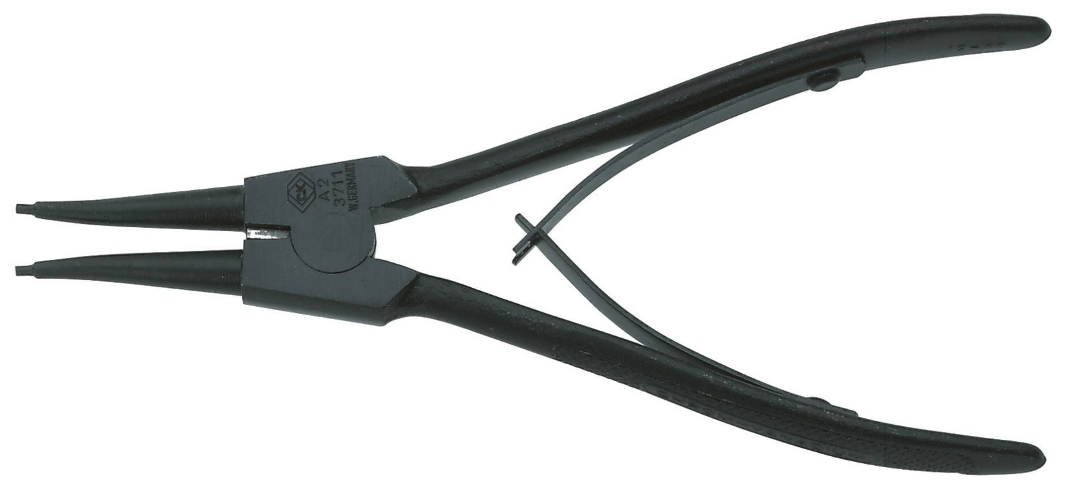 Pince à circlips noire avec une longue poignée droite, utilisée pour installer ou retirer des circlips.