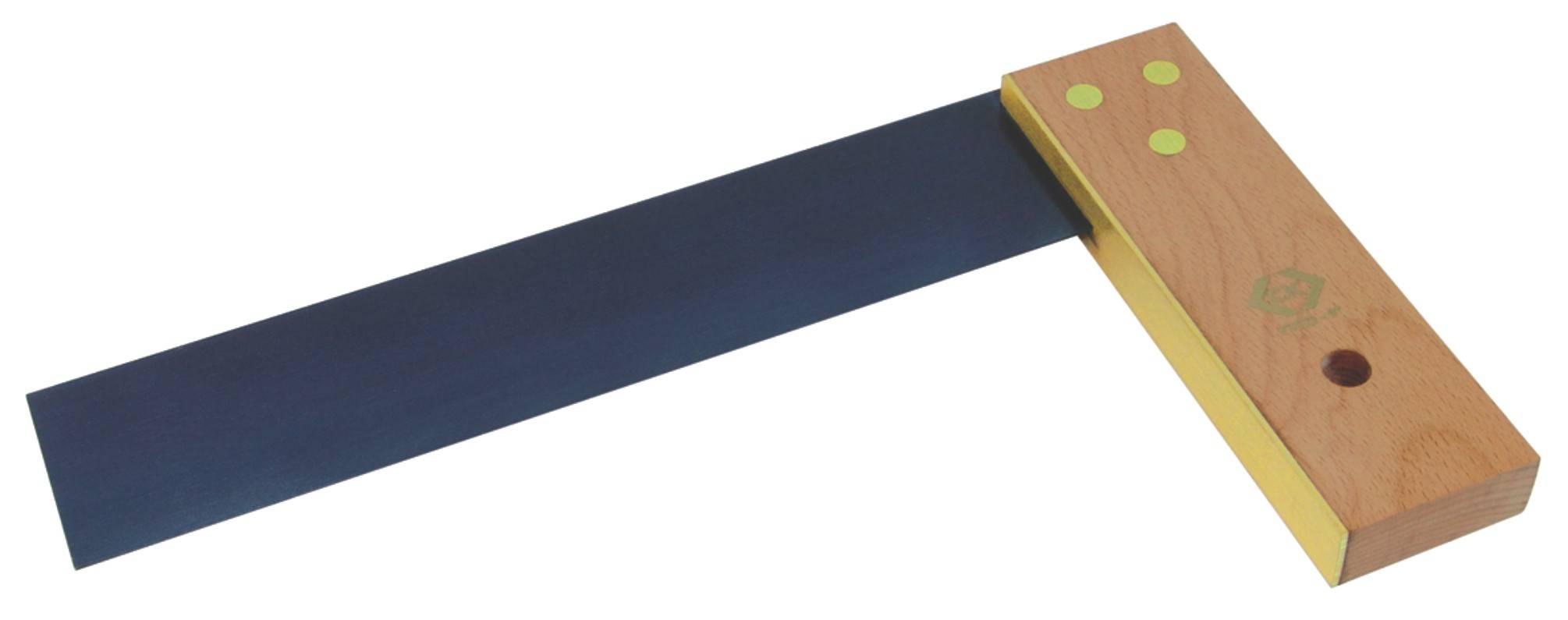 Équerre de charpentier en bois avec lame métallique, utilisée pour vérifier la précision des angles dans les travaux de menuiserie.