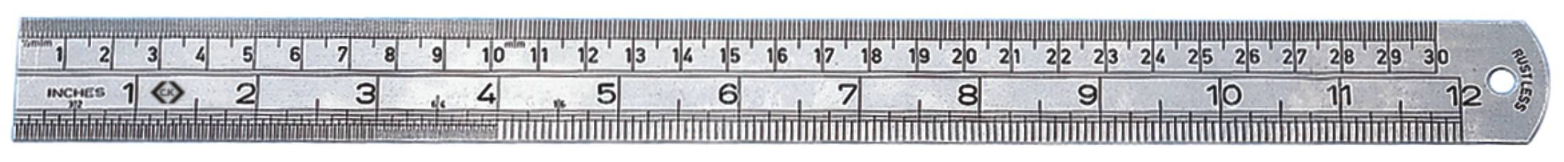 Règle en métal avec graduations en centimètres et millimètres de 1 à 30 cm, ainsi que marquages en pouces jusqu'à 12 pouces.