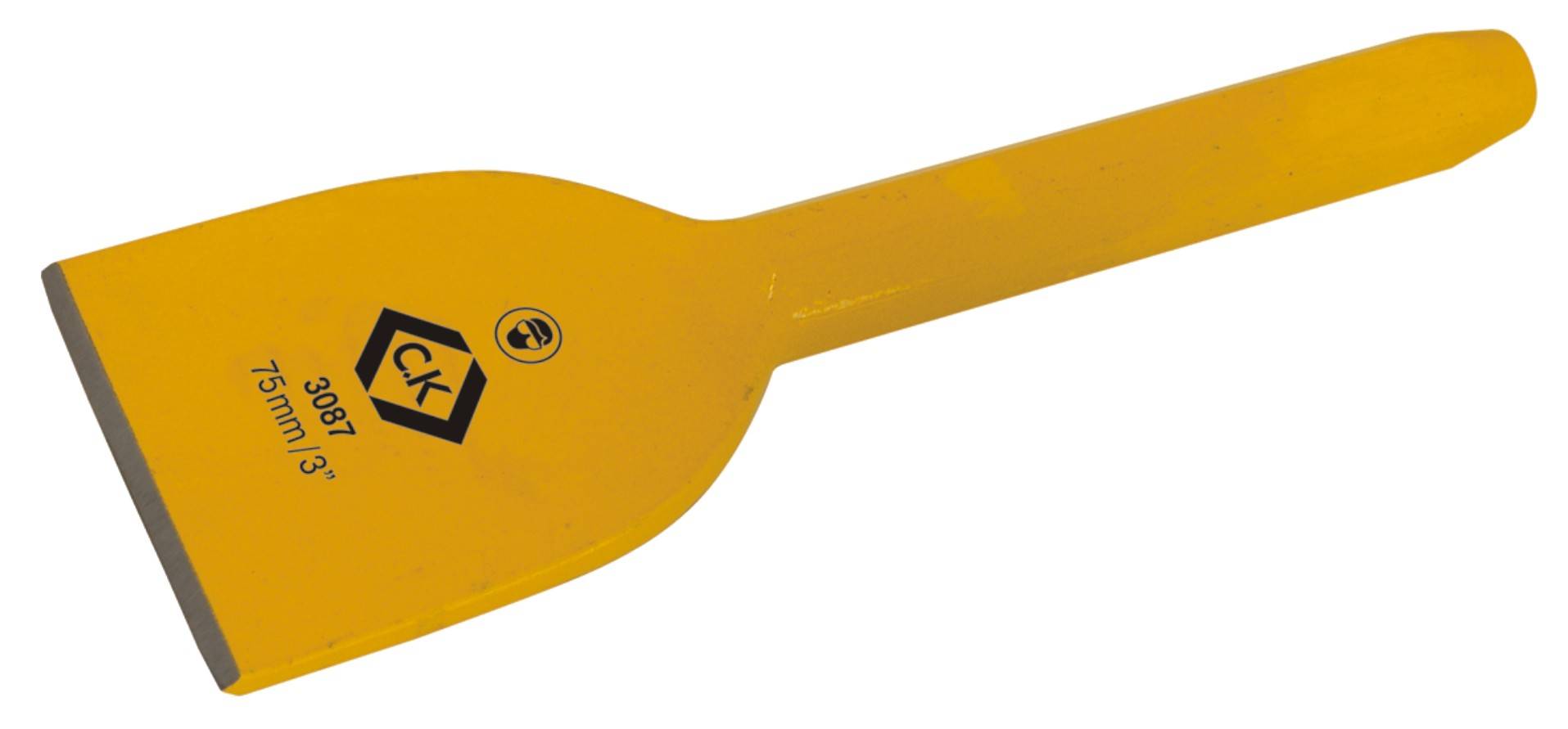 Un burin jaune à manche rouge et lame arrondie, large de 75 mm, utilisé pour des travaux de construction ou de rénovation.