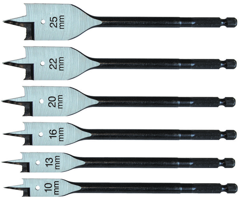 Jeu de mèches à bois plates C.K T2942P 6 pièces acier thermo-traité 10 mm, 13 mm, 16 mm, 20 mm, 22 mm, 25 mm 1/4" (6,3 mm) 1 set