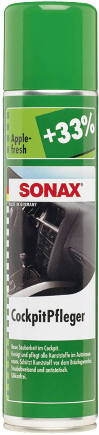 Bombe de spray verte SONAX avec l'inscription 'Entretien Tableau de Bord'. Promet un parfum 'Pomme fraîche' et '+33%'. Image d'un intérieur de voiture.