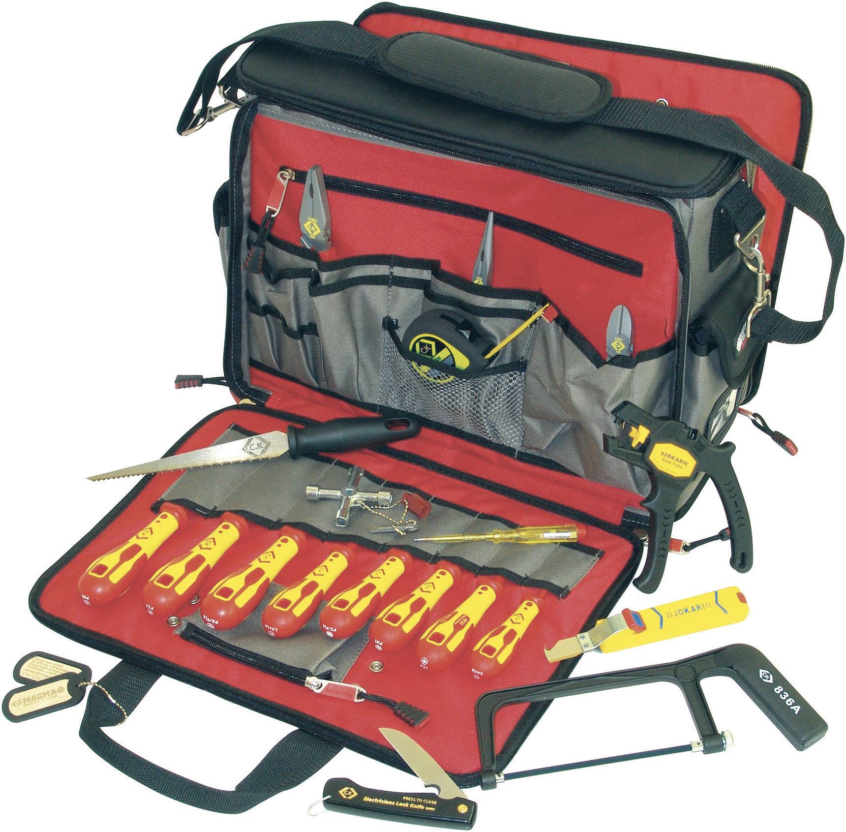 Sac à outils avec compartiment ouvert, rempli de divers outils manuels tels que tournevis, scie et pinces.