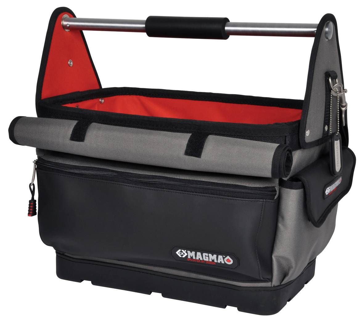 Sac à outils avec doublure intérieure rouge, design ouvert et poignée en métal, deux poches extérieures et fermetures à glissière supplémentaires.