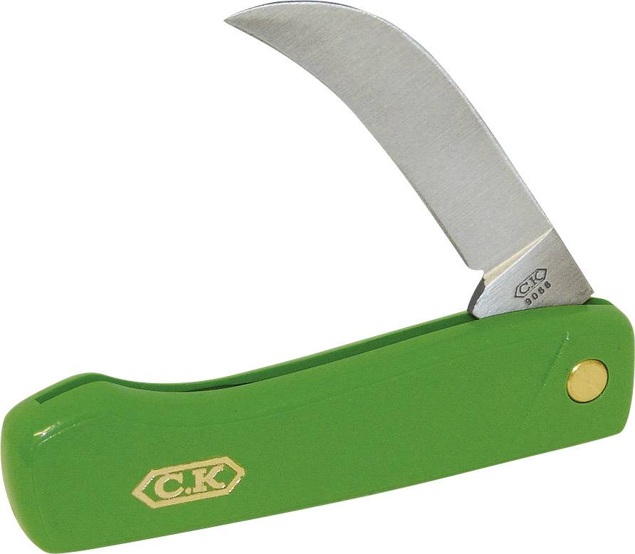 Couteau de jardin pliable avec lame incurvée et manche vert, portant l'inscription de marque 'C.K'.