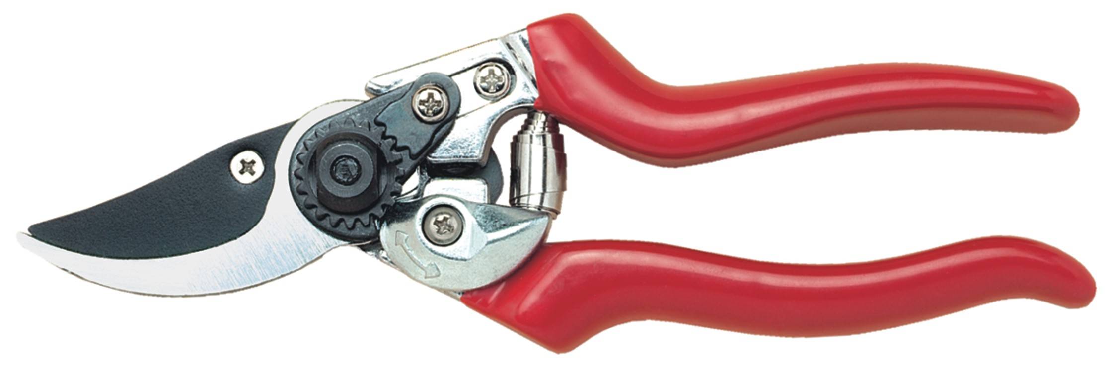 Un sécateur rouge avec des lames en métal et un verrou de rotation pour régler la tension de coupe. Adapté pour couper des plantes.