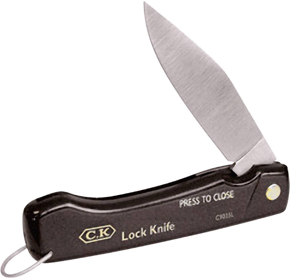 Un couteau pliant noir portant l'inscription « Lock Knife » et « PRESS TO CLOSE », partiellement ouvert.
