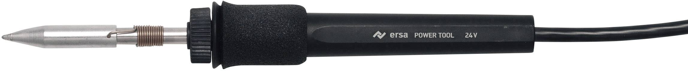 Fer à souder avec embout métallique pointu, poignée noire et câble, utilisé pour faire fondre l'étain à souder pour les connexions électriques.