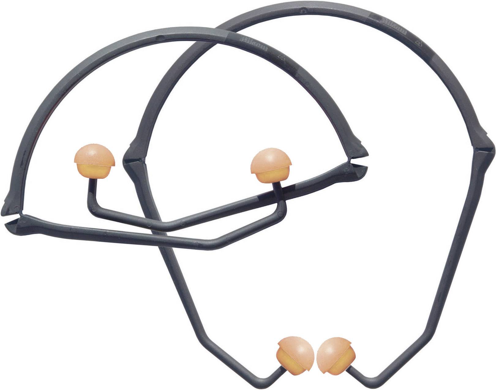 Deux protège-oreilles noirs avec des bouchons d'oreilles orange, présentés dans différentes tailles. Protection contre le bruit dans les environnements de travail.