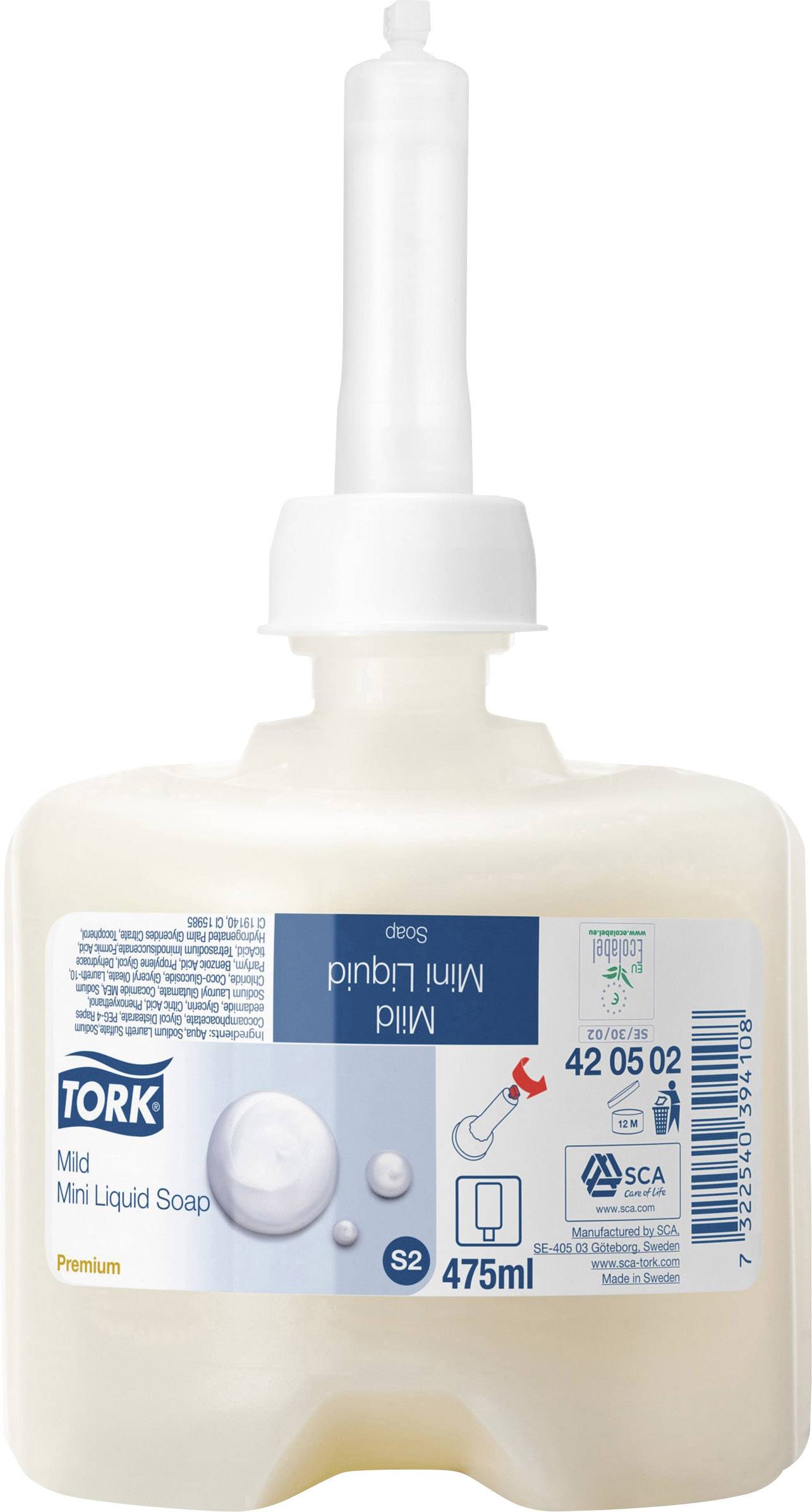 Une bouteille de savon liquide doux TORK Mini de 475 ml. L'étiquette présente des bulles de mousse et le produit est adapté aux distributeurs.