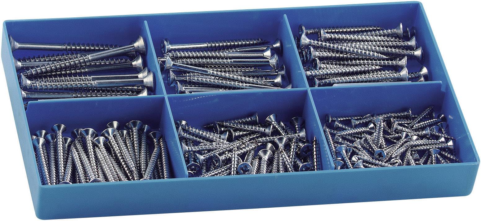 Un organiseur bleu avec six compartiments contenant différents types de vis en argent, soigneusement triés.