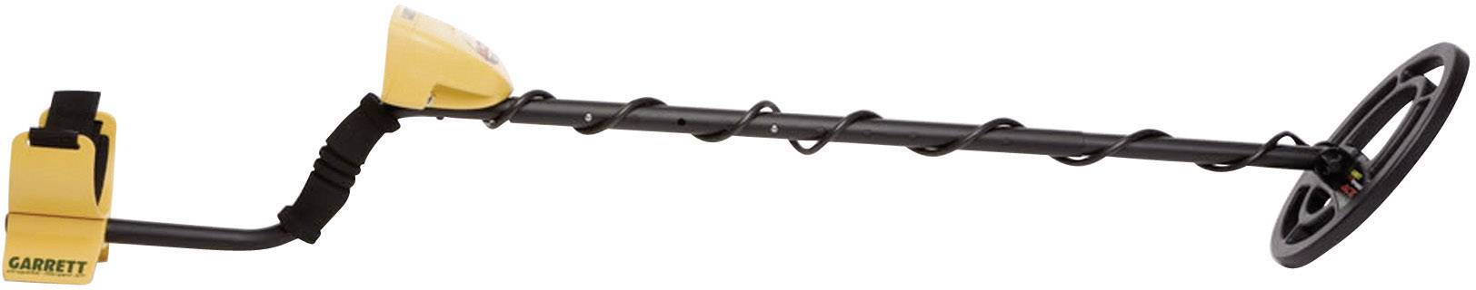 Détecteur de métaux jaune et noir avec poignée et bobine circulaire, vue de côté.