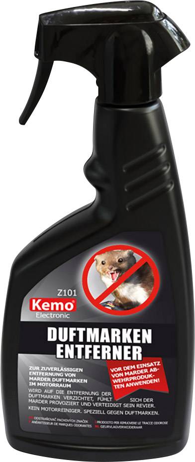 Bouteille avec vaporisateur, étiquette : « Kemo Electronic Z101 Dissolvant de marques olfactives ». Image d'un mustélidé avec une croix, dissuasif contre les marques olfactives.
