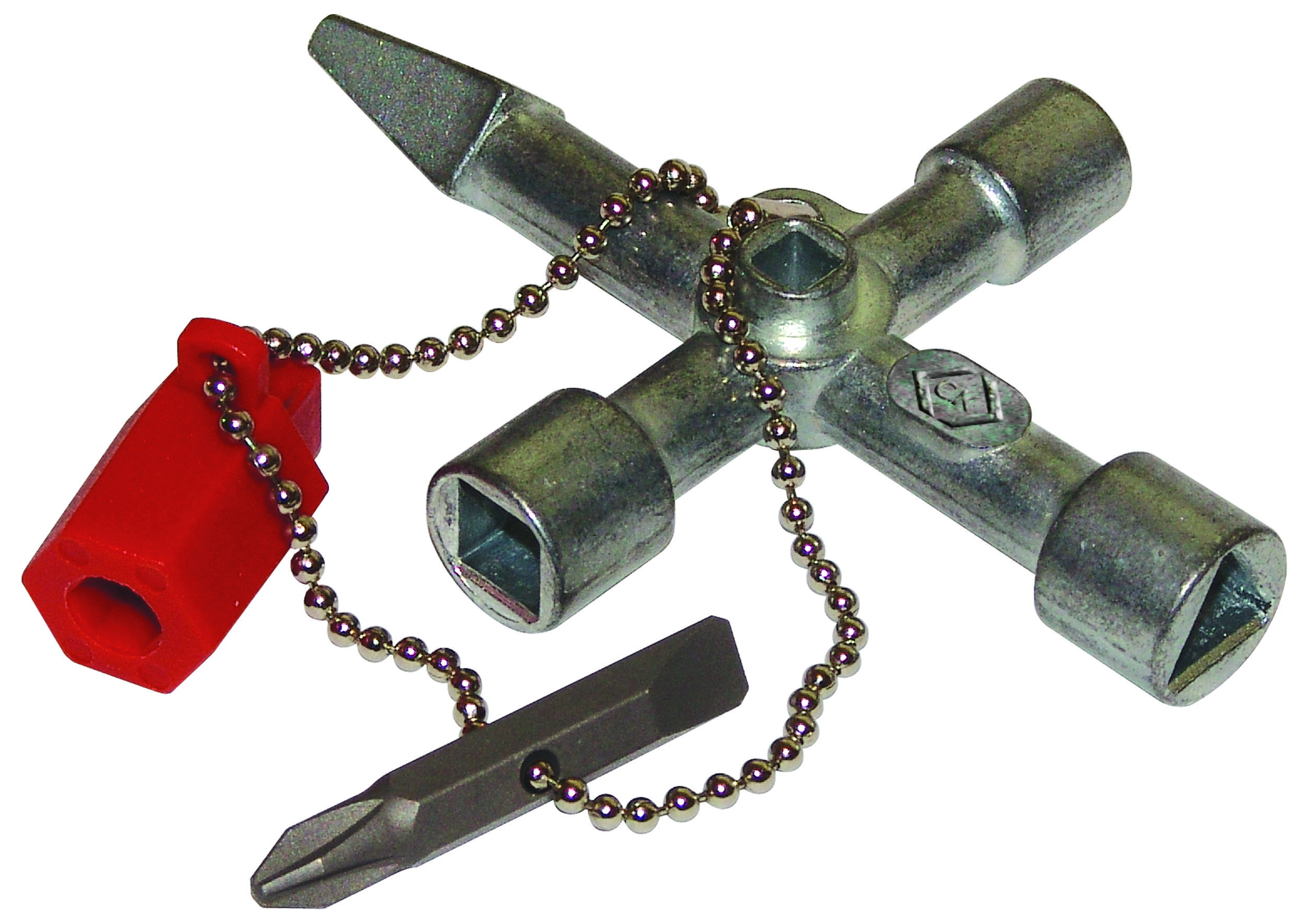 Clé métallique en forme de X avec quatre extrémités d'outils différentes, fixée à une chaîne à billes. Une poignée en plastique rouge y est attachée.