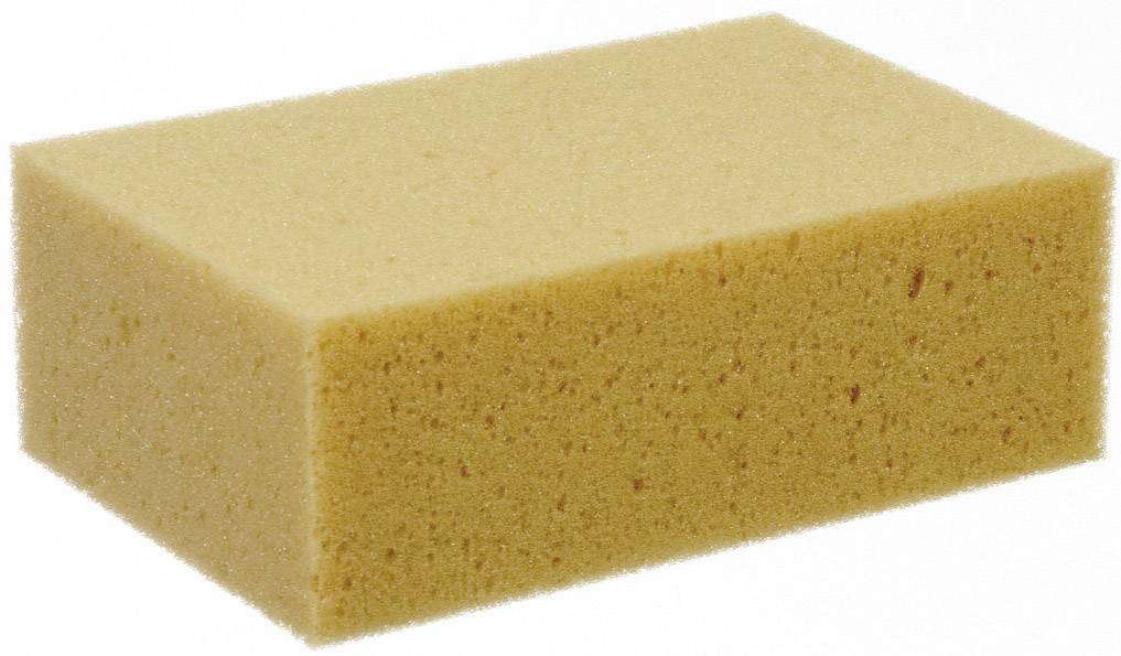 Éponge jaune de forme rectangulaire, vue de profil. Adaptée pour nettoyer ou faire la vaisselle.