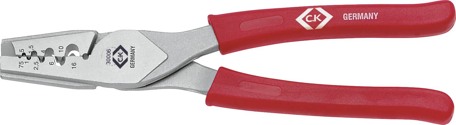 Pince à sertir avec poignées rouges et mâchoires en métal, adaptée aux câbles dénudés de 0,75 à 16 mm². Logo de marque sur les poignées.