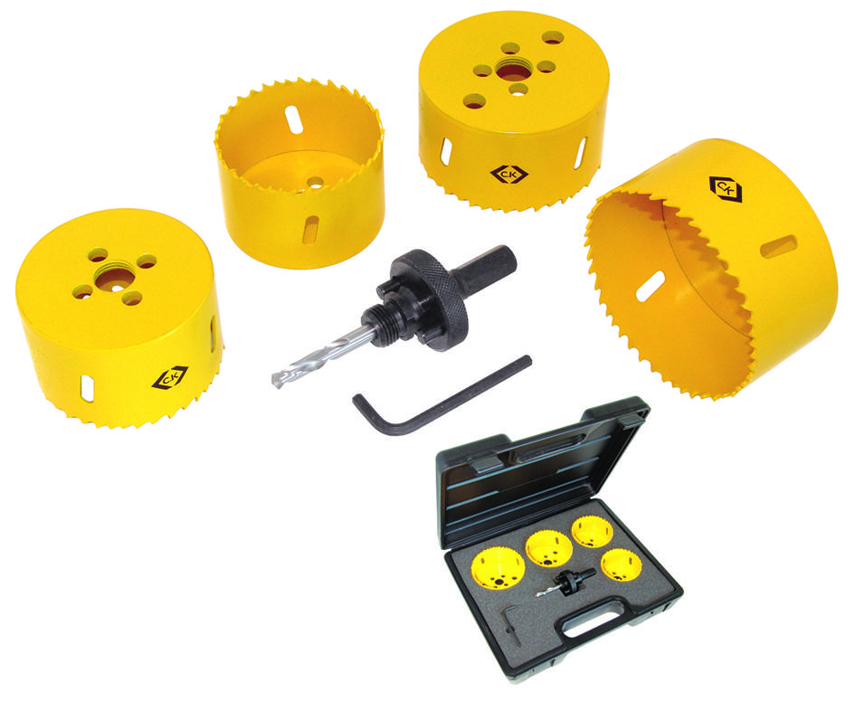 Set de scies cloche, 6 pièces, pour le montage de plafonniers, tailles 65, 70, 76 et 83 avec tige porteuse + clé à 6 pans 4 mm