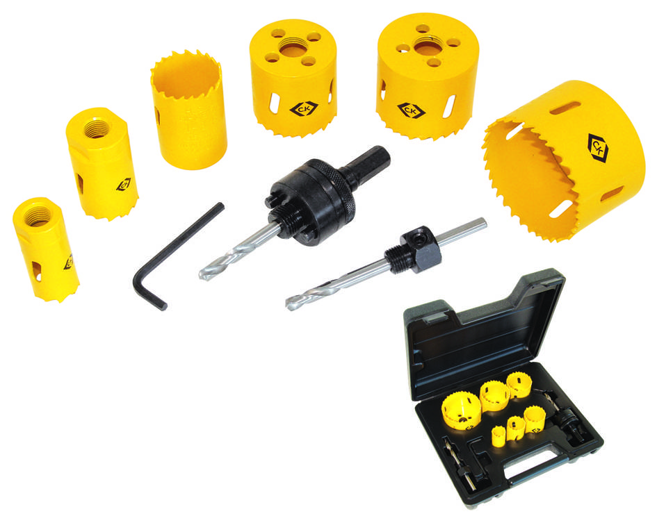 Set de scies à cloche de tailles 22, 29, 35, 44, 51 et 64 mm avec tige porte-embout 424038 et 424039 + clé à 6 pans 4 mm C.K