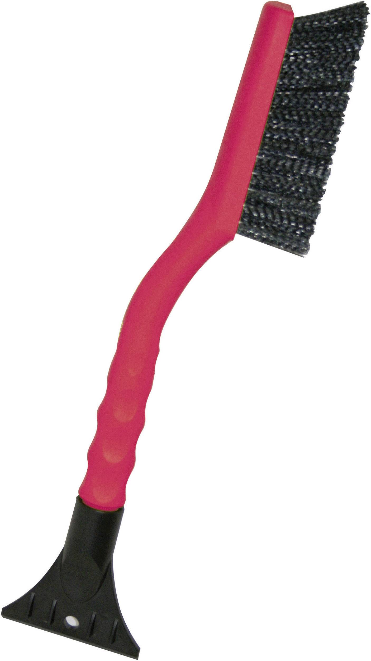 Un grattoir à glace rouge avec une brosse noire, adapté pour enlever la neige et la glace des pare-brise de voiture.