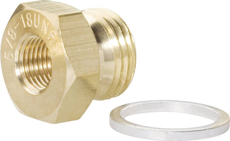 Adaptateur en laiton avec filetage extérieur et rondelle. Inscription sur l'adaptateur : '5/8-18UNF'. Adapté aux fins de connexion.