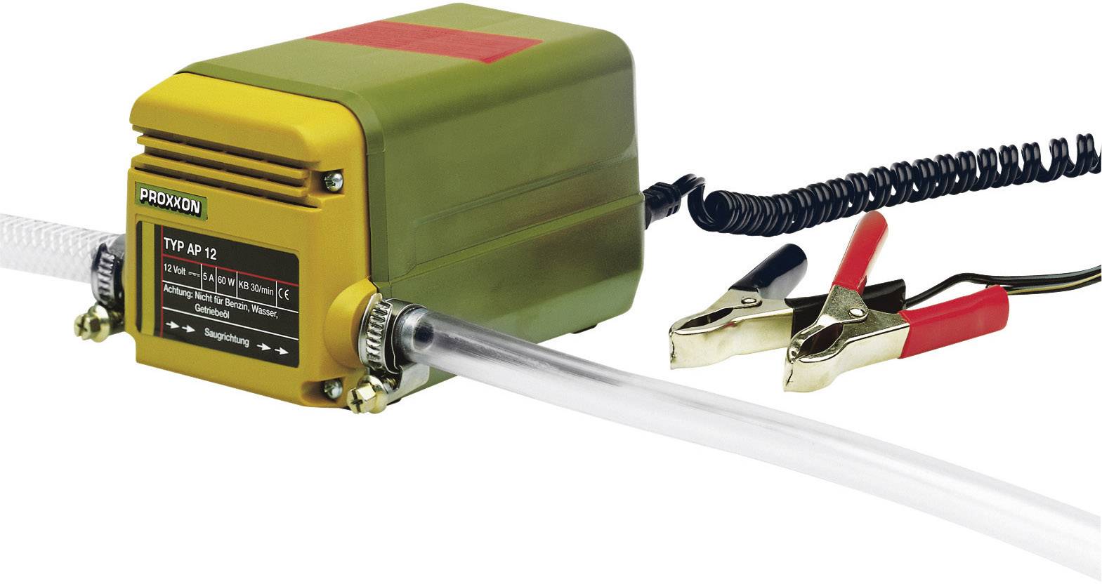 Pompe électrique avec boîtier jaune-vert, deux tuyaux et deux pinces.